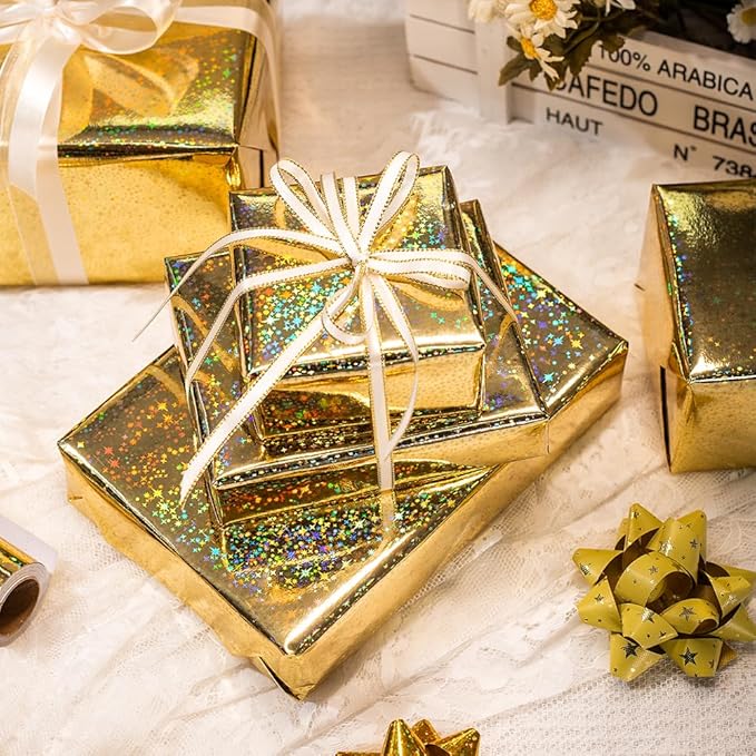Yarcony Gold Wrapping Paper Roll, Holographic Space Wrapping Paper - 17 Inch x 33 Feet - Shiny Iridescent Galaxy Design Thick Gold Gift Wrap Paper for Birthday, Wedding, Christmas,Baby Shower