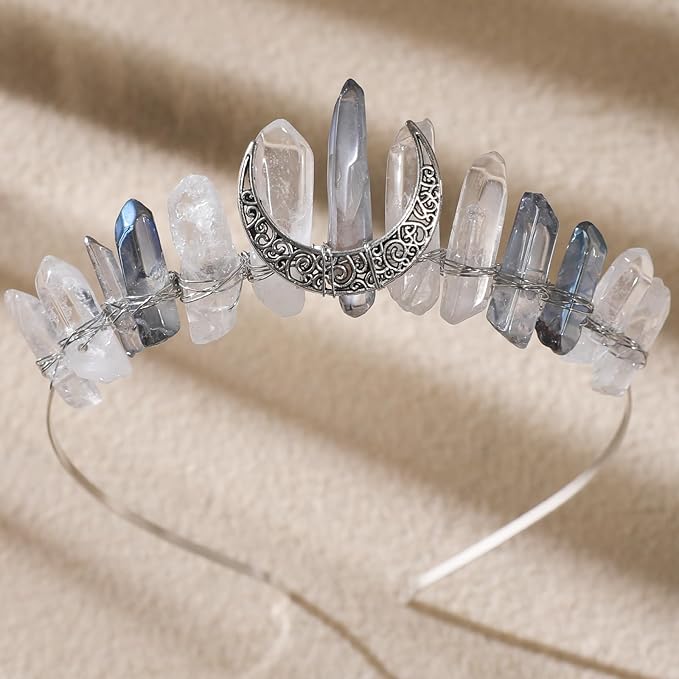 Fairy Elf Crystal Headband for Women - Fantasy White Quartz Moon Witch Crown, Fairy Princess Bridal Queen Headpiece for Renaissance Halloween Wedding Pageant Prom Headwear