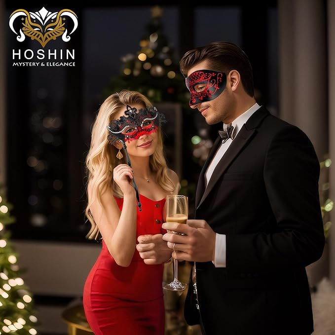 Hoshin Masquerade Mask for Couple, Mardi Gras Deecorations Venetian Masks with Stick for Womens