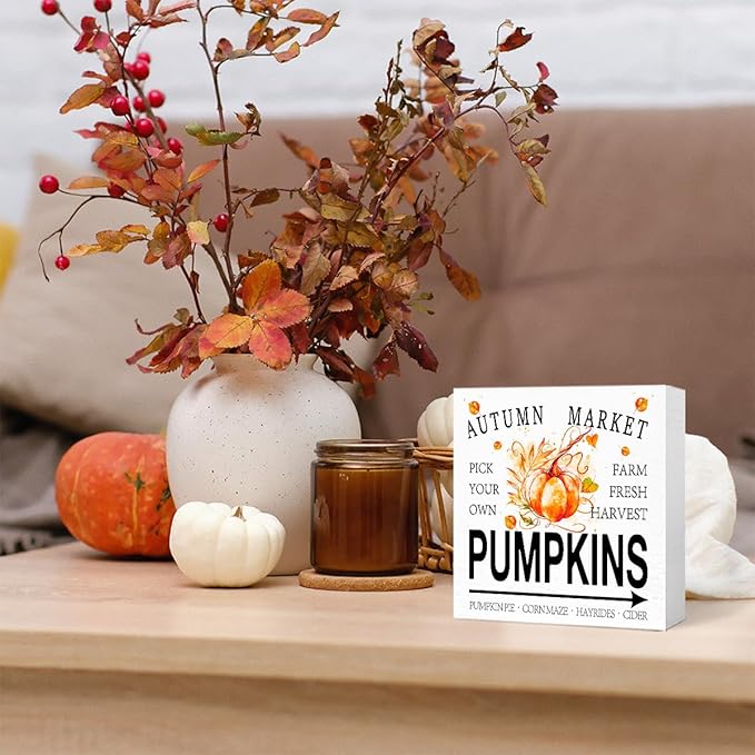 Funny Autumn Wood Box Sign Autumn Market Pumpkins Wooden Block Desk Decor for Home Office Kitchen Cubicle Table Shelf Tabletop,Farmhouse Fall Sign Decor