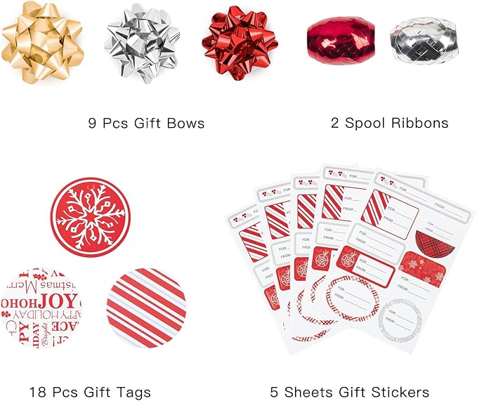 WRAPAHOLIC Christmas Wrapping Paper Set - Red and White Metallic Foil Shine Christmas Wrapping Paper Bundle with Gift Bow & Ribbon & Tag & Sticker