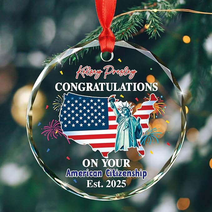 Personalized Congratulations On Your American Citizenship Glass Ornament Xmas 2025, Custom Year & Name New American Citizen Tree Decor Christmas Ornament Gift, Butterfly US Flag Christmas Ornaments