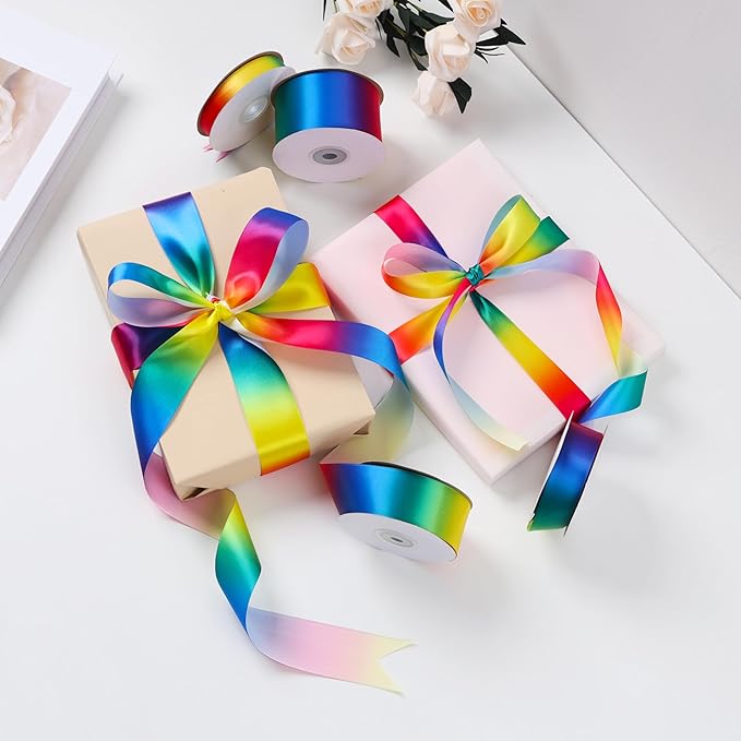 1 inch 25 Yards Rainbow Ribbon, Wide Single Face Shiny Satin Roll, Ribbon for Gift Wrapping, Wedding Decor, Pride Birthday Party Decoration & DIY Crafts
