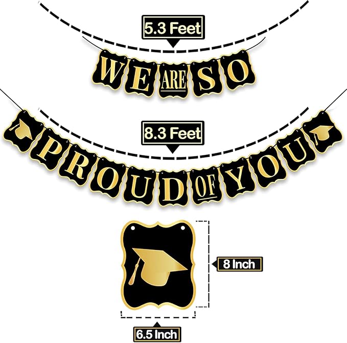 KatchOn, Black and Gold Graduation Party Decorations 2025 - Pack of 34 | We Are So Proud of You Banner | Grad Hanging Swirls with Pomp Poms for 2025 Grad | Graduation Decorations 2025