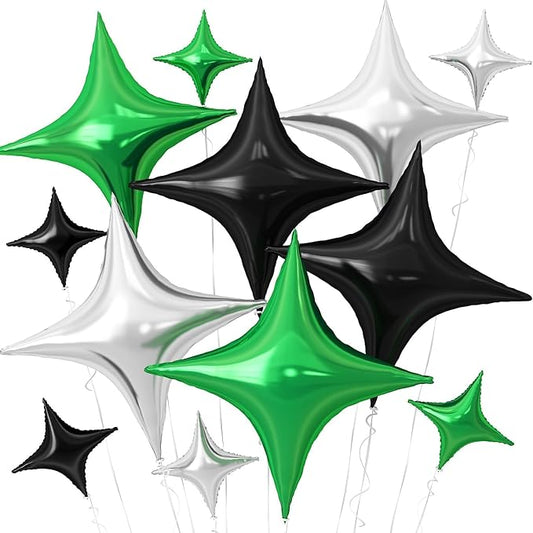 Black Green Silver Star Balloons,12Pcs Four Angle Star Foil Balloons,26Inch and 10Inch Black Silver Green Quadrangle Helium Balloon for Birthday Anniversary Party Decorations