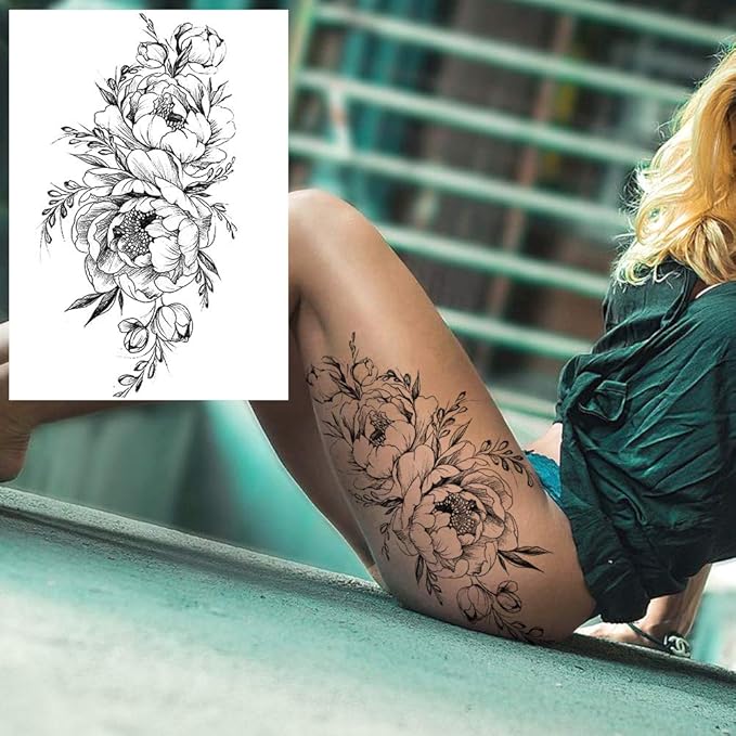 COKTAK 6 Pieces/Lot 3D Realistic Large Black Rose Flower Temporary Tattoos For Women Body Art Arm Big Peony Geometric Tattoo Stickers Adults Fake Waterproof Tatoo Legs Sketch Sexy Girl Peach Lily