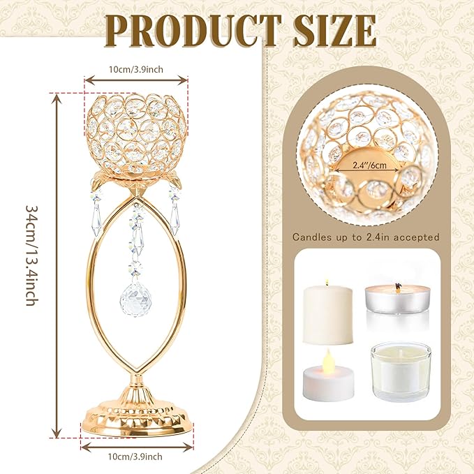 6 Pcs Gold Elegant Metal Crystal Tea Light Candle Holders with Crystal Pendants, Hollow Design - Wedding Table Centerpieces for Anniversary Birthday Party, Home Decor