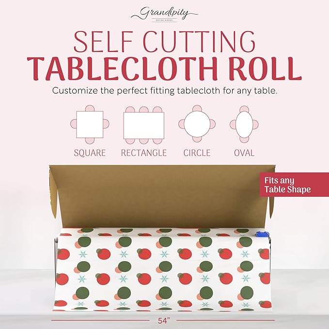 Grandipity Plastic Tablecloth Roll - 54in x 300 Ft. Holiday Plastic Table Cloths for Parties Disposable with Cutter Box - Cut to Size Disposable Tablecloth Table Cover for Rectangle & Round