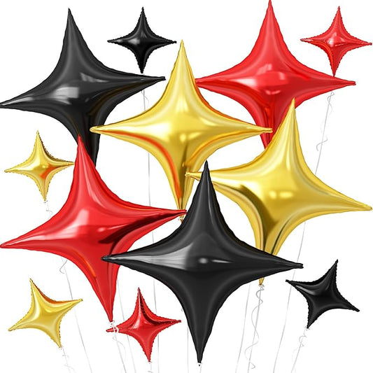 Black Red Gold Star Balloons,12Pcs Four Angle Star Foil Balloons,26Inch and 10Inch Black Gold Red Quadrangle Helium Balloon for Birthday Anniversary Party Decorations