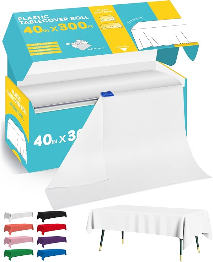 White Plastic Table Cover Roll - 40IN x 300FT, Table Cloth for Rectangle Table with Slide Cutter, Plastic Table Cloth Disposable with Cut-to-Size Design for Weddings, Banquets, Parties