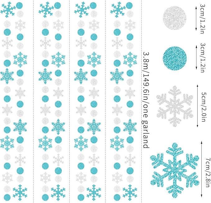Snowflake-Snow Teal-Silver Christmas Party-Decoration Garland - 52Ft Turquoise White Winter Wonderland Frozen Hanging Paper Streamers,Birthday New Year Baby Shower Classroom Decor Lasting Surprise
