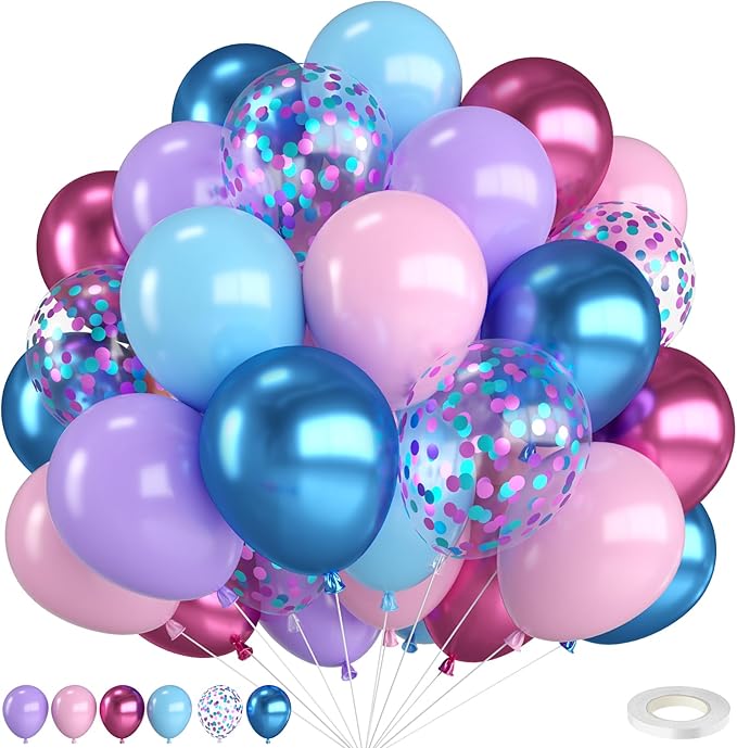 Pink and Blue Balloons,12 Inch Metallic Maca Blue Pink Purple with Pink Blue Confetti Balloon for Gender Reveal Birthday Baby Shower Summer Hawaiian Theme Party Decorations