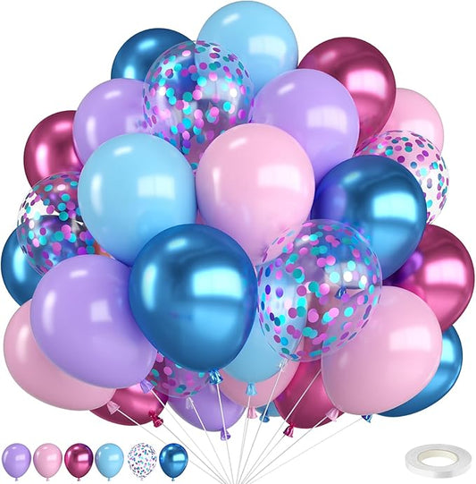 Pink and Blue Balloons,12 Inch Metallic Maca Blue Pink Purple with Pink Blue Confetti Balloon for Gender Reveal Birthday Baby Shower Summer Hawaiian Theme Party Decorations