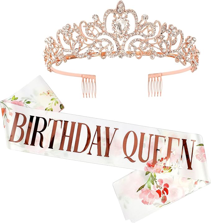 Rose Gold Tiara Crown for Women - Happy Birthday Flower Crown Sash, Party Favors Supplies, Cake Toppers, Gifts for Women, Halloween Cosplay