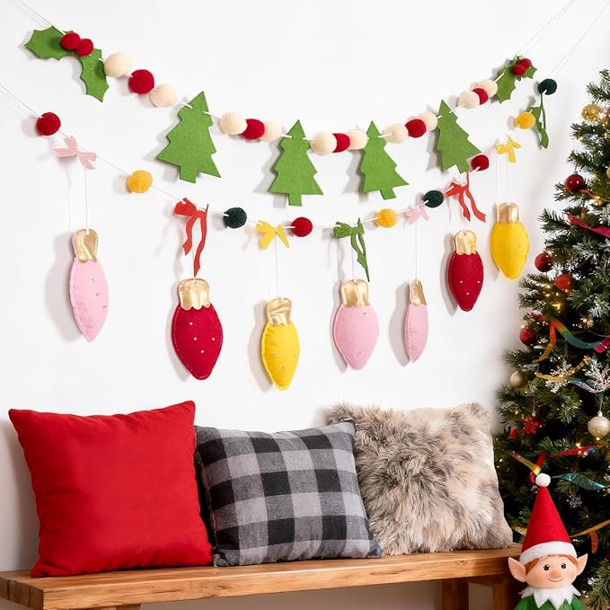 SUNBEAUTY Felt Christmas Garland Banner Pom Pom Garland Christmas Felt Xmas Tree Bells Bow Red Green White Christmas Ornaments for Wreath Home Indoor Outdoor Window Party Xmas Decorations