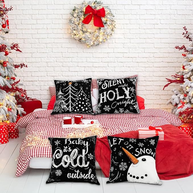 Christmas Pillow Covers - 18x18 inch Black Merry Christmas Snowflake Snowman Tree Decorations Throw Cushion Case for Indoor Home Bedroom Couch Decor
