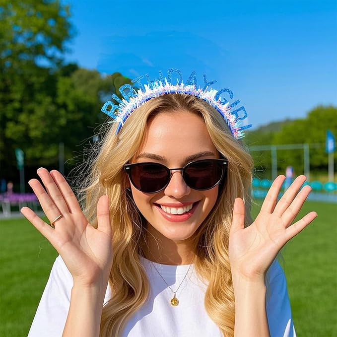 Jaciya Birthday Girl Glitter Headband for Women Girls Sparkling Blue Party Hair Accessories with Confetti Tinsel