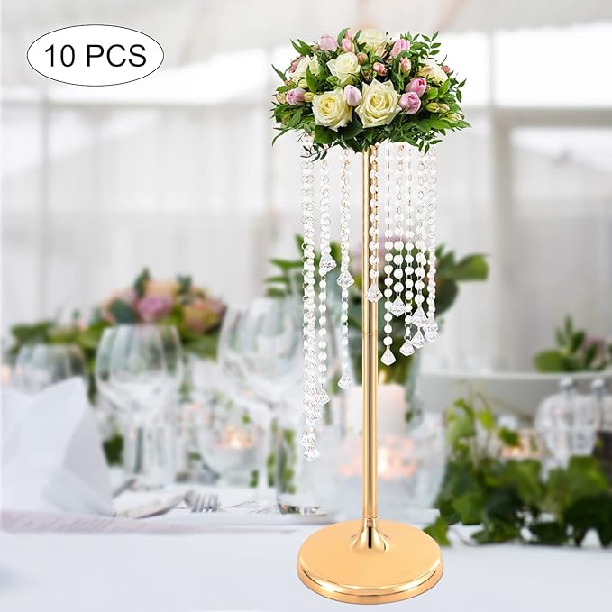 Wedding Centerpieces Gold Vases,10PCS Metal Flower Candle Holder with Sparkling Crystal Beads,Crystal Flower Vase Metal Flowers Stand for Party Tables Decorations (27.5in Gold-1)