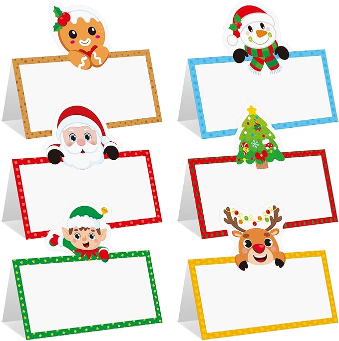 48 Pcs Christmas Place Cards Winter Table Seating Name Cards Tent Cards Santa Claus Buffet Cards Food Tag Label for Christmas Party Dinner Baby Shower Weddings Décor