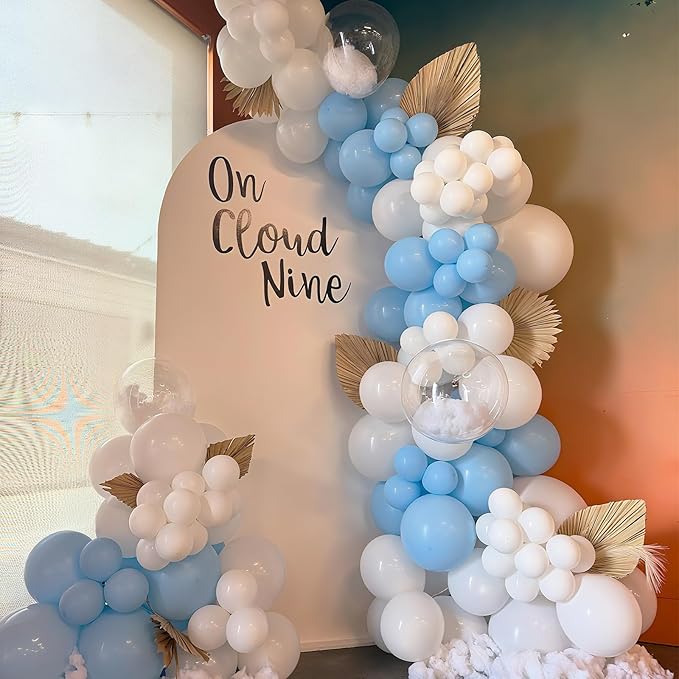 Pastel Blue White Balloons Garland Arch Kit, 104PCS Double Stuffed Pearl White Balloons, Light Baby Blue Clear Balloon for Bridal Shower Baby Birthday Bachelorette Wedding Engagement Party Decorations