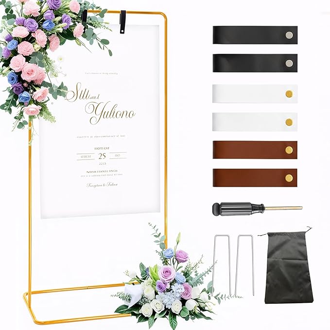 Adjustable Wedding Sign Stand, Wedding Welcome Sign Holder with Leather Sign Hanging Straps, Easel Stand for Sign Display Reception, Party Decor, Portable Sign Holder for Wedding & Baby Showers (Gold)