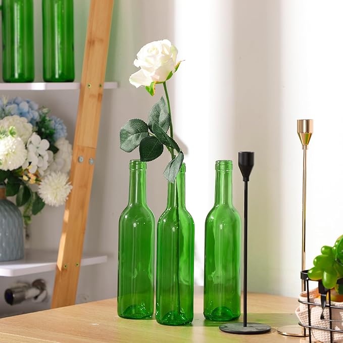 Rtteri 24 Pcs Decorative Colored Wine Bottles 375ml Empty Glass Bottles for Flowers Wedding Decor Centerpiece Christmas Party Favor DIY Crafts (Green)
