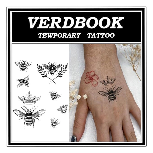 Waterproof Temporary Tattoos: 2-Sheet Tattoo Kit with Realistic Body Stickers, Semi-Permanent Tattoos for Adults Lasting 7-15 Days – Safe for Men & Women, Bees Crown