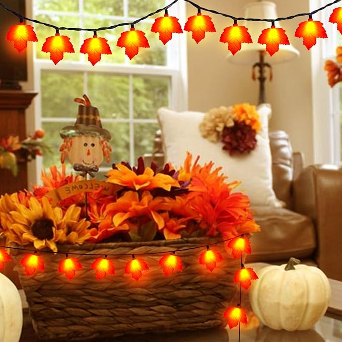 Abeja Fall Decor Maples Leaf String Lights, 8.5Ft Fall String Lights Plug in with 10 LED Orange Leaves Lights, Orange Thanksgiving Lights for Thanksgiving Decor, Indoor Outdoor Decorations