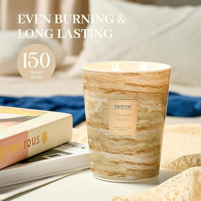 M&SENSE Extra Large Candle 35oz 150H TobaccoVanilla Scented, 3 Wick Highly Scented Jar Candles, XL Large Christmas Gift Candle for Women, Long Lasting Burning for Holiday, Thanksgiving, Christmas