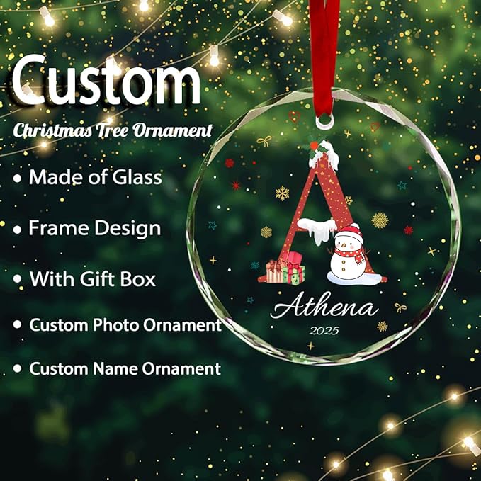Personalized Round Christmas Crystal Glass Ornaments Custom 2025 Name Ornament for Christmas Tree Decorations Customized Xmas Tree Hanging Gifts for Family Boys Girls