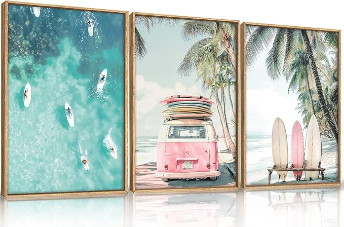 HOURIA Summer Surfboard Beach Framed Canvas Wall Art Set,Modern Ocean Surfing Seascape Wall Decor,Coastal Bus Coconut Tree Wall Painting,Nature Botanical Art Prints for Living Room, Bedroom-24 x36 x3