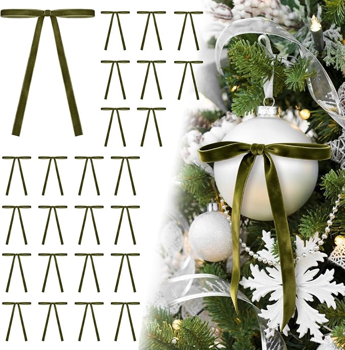 Velvet Bows for Christmas Tree, Vintage Velvet Ribbon Christmas Tree Bows with 50pcs Adhesive Dots 49ft Metal Tie, Ribbon Bows for Wreaths, Indoor Mantel, Gift Wrapping Decor - OliveGreen