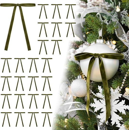 Velvet Bows for Christmas Tree, Vintage Velvet Ribbon Christmas Tree Bows with 50pcs Adhesive Dots 49ft Metal Tie, Ribbon Bows for Wreaths, Indoor Mantel, Gift Wrapping Decor - OliveGreen