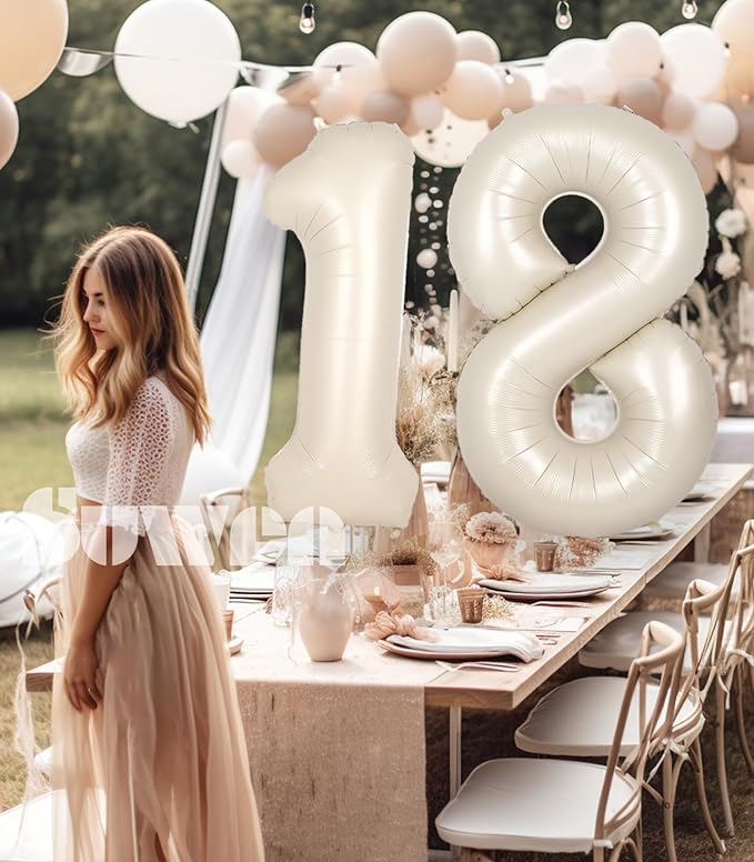 SUWEN 40 Inch Cream White Large 18 Number Balloons Big Foil Helium Number Balloons 0-9 Jumbo Happy 18th Mylar Birthday Party Decorations for Boy or Girl 81 Anniversary Party Supplies