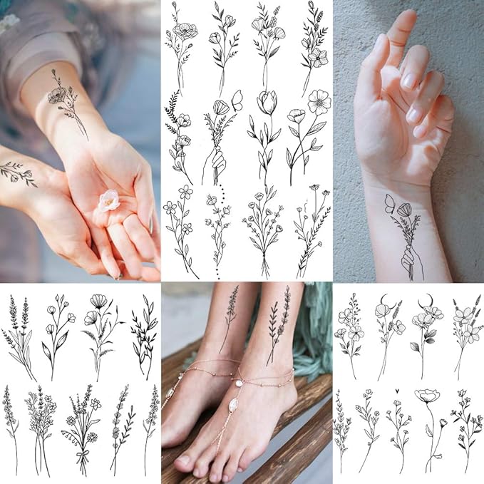 15 Sheets FANRUI Sexy Tiny Branch Black Flower Temporary Tattoos For Women Girl Neck Realistic Floral Bouquet Small Tattoo Temporary Lavender Fake Tattoo Sticker For Adults Face Hands Kit