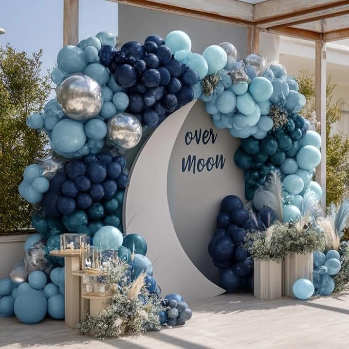 Navy Blue Silver Balloon Garland, Double Stuffed Dark Dusty Slate Blue Balloon Arch Kit for Birthday Baby Bridal Shower Wedding Anniversary Party Decorations