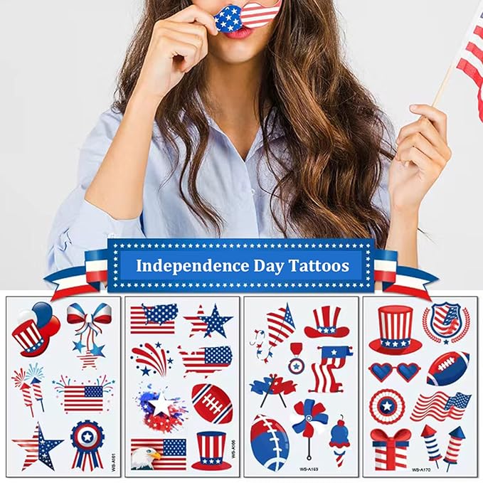 4th of July Temporary Tattoos Kids Adults, 90pcs American Flag Red White Blue Fake Tattoo Stickers, Independence Day Fourth of July Body Art USA National Memorial Decorations for Labor Day Party