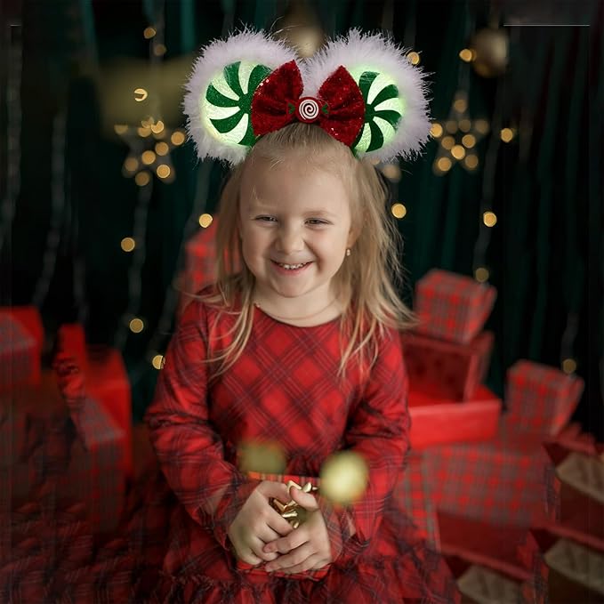 JIAHANG Mouse Ear Christmas Light Up Headband, Lollipop LED Hairband with Sequin Bow, Flash Glowing Party Decoration Headwear Hair Accessories for Women Girls