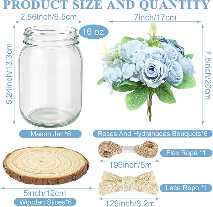 Set 10 Mason Jar Table Centerpiece - Wedding Centerpieces for Tables, Mason Jar Flower Centerpiece Vases Decor- Boho Farmhouse Rustic for Engagement, Bridal Shower, Wedding, Versatile Decor (Blue)