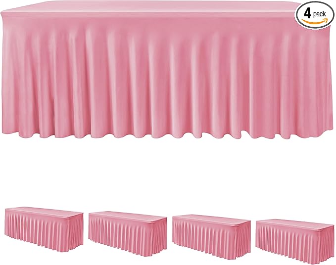 HolidayIdeas Spandex Table Skirts for Rectangle Tables 8 Ft, Fitted Stretch Table Cover 30x96 Inch, Wrinkle-Free Ruffle Design Tablecloths for Banquets,Trade Shows, Parties, Events, 4 Pack, Pink