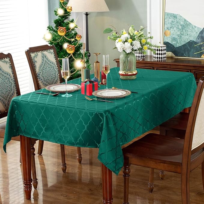 SASTYBALE Jacquard Christmas Tablecloth Flower Pattern Polyester Christmas Table Cloth Spill Proof Wrinkle Resistant Table Cover for Xmas Holiday Party Decor (Rectangle, 52" x 70" (4-6 Seats),Green)