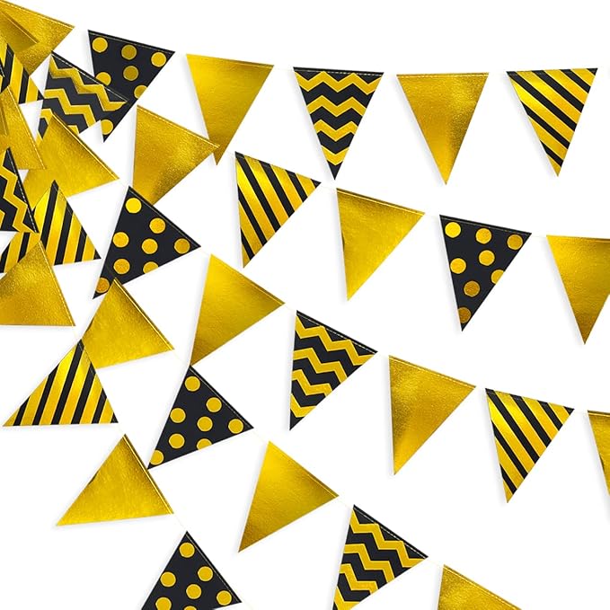 39 Ft Black Gold Triangle Pennant Banner Metallic Foil Polka Dot Stripe Paper Flag Bunting Garland Streamer for Birthday Anniversary Graduation Wedding Bridal Shower Party Decorations Supplies