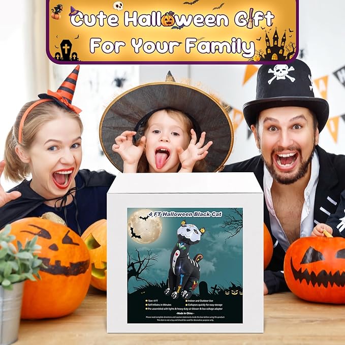 4FT Halloween Skeleton Cat Inflatable Decoration Spooky Blow Up Yard Decor with LED Lights Party Indoor Outdoor Holiday Yard Graden Decoration