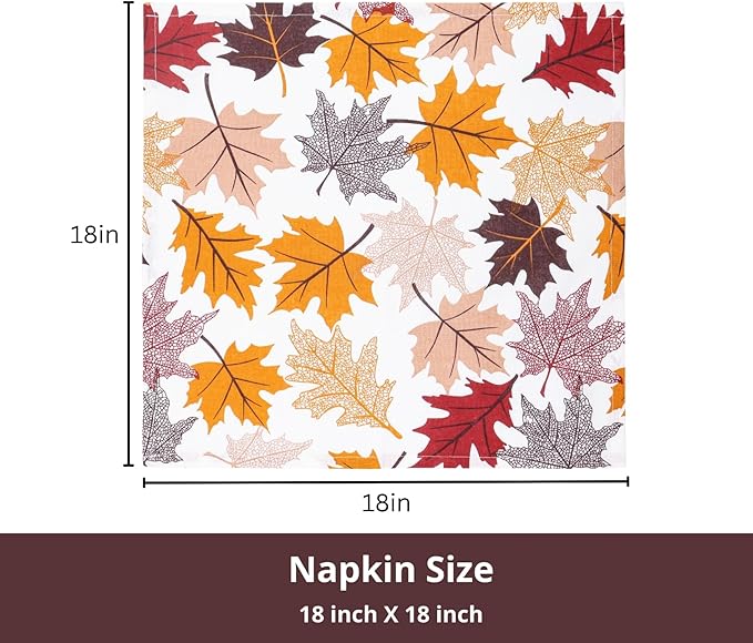 PurpleEssences Fall Harvest Decor Thanksgiving Napkins, 18x18 Fall Cloth Napkins Set of 6, 100% Cotton Autumn Fall Leaves Dinner Napkins for Farmhouse Kitchen, Maple Leaves
