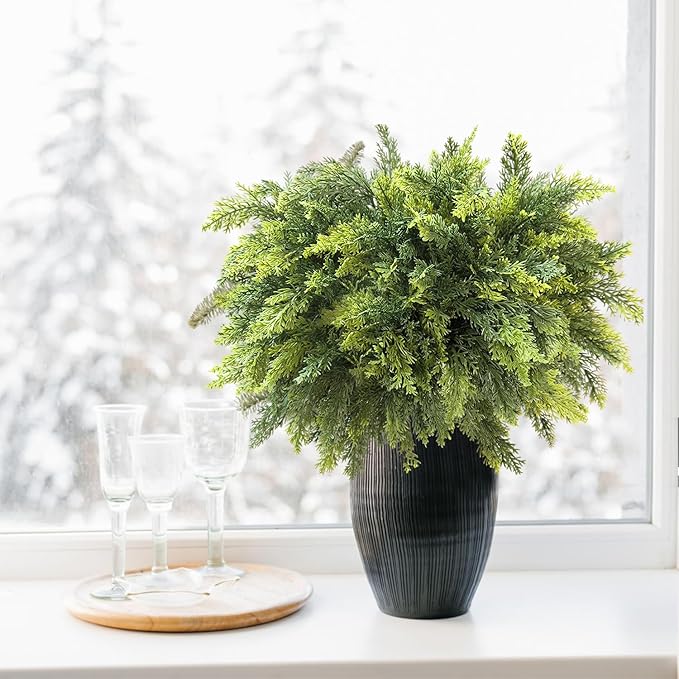 Orgrimmar 12 Pcs Christmas Real Touch Cedar Branches- 18" Artificial Christmas Fake Pine Picks Faux Greenery Stem,Ideal for DIY Crafts, Wreaths & Garland, Indoor/Outdoor Holiday Decor