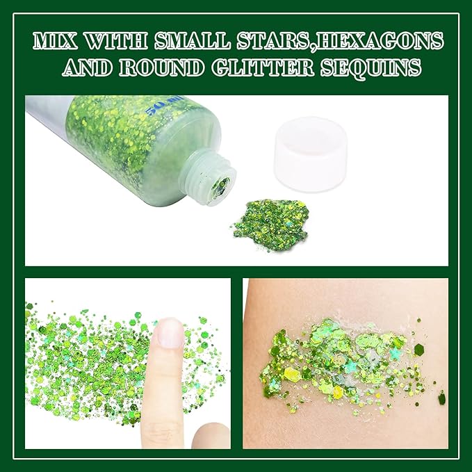 MEICOLY Lime Green Face Body Glitter,Christmas Face Glitter Stocking Stuffers,Light Green Body Glitter,St Patricks Day Accessories,Chunky Glitter Face Paint for Party Festival Halloween