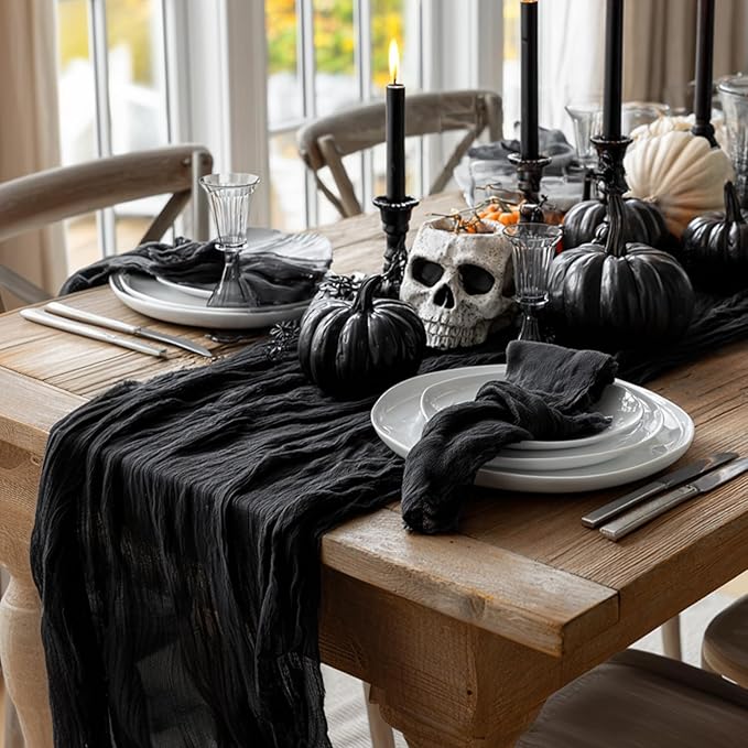 Artoid Mode Boho Cheesecloth Gauze Black Wedding Table Runner, 120 Inch Seasonal Fabric Kitchen Dining Holiday Table Decor for Home Party Indoor