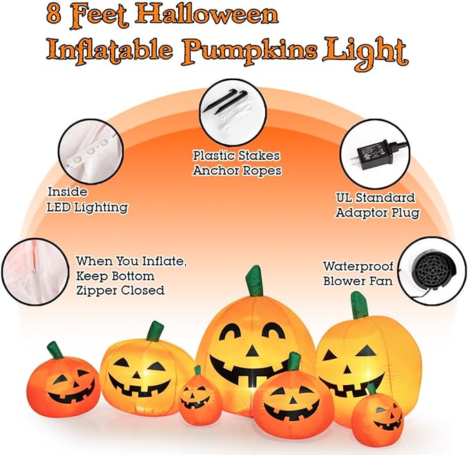 Halloween Inflatable Pumpkin Outdoor Decoration,JackoLanterns with Build-in LED Lights, Blow Up 7 Pcs Pumpkins Patch for Halloween Party Indoor Garden Lawn Yard Decor (7.5 FT 7 Pumpkins)