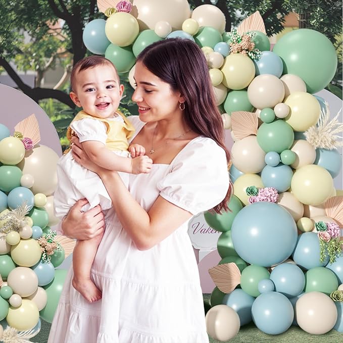 Blue and Yellow Balloon Garland, Pastel Yellow Dusty Blue White Sand Balloon Arch White Avocado Green Balloon for Kids Theme Baby Shower Birthday Bridal Wedding Party Decorations