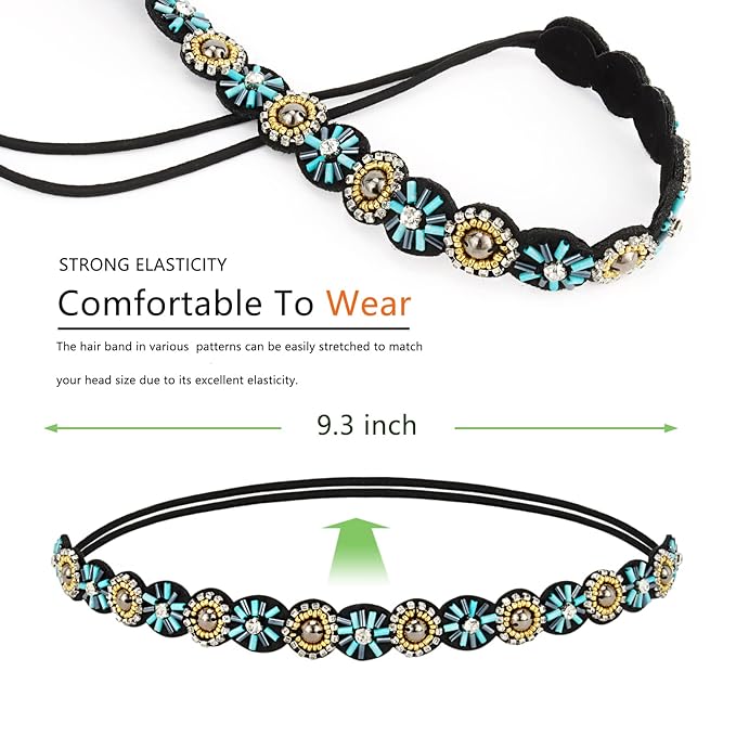 AMCAMI 5 Pcs Beaded Headband, Crystal Sparkly Hairbands for Women, Elastic Headbands with Pearls & Rhinestones, Hair Accessories for Women & Girls
